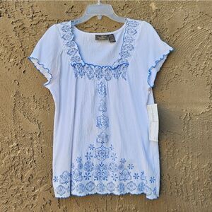 Jane Ashley White and Blue Short Sleeve Boho Shirt Size L